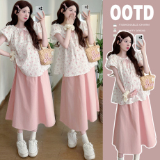 实拍 孕妇装夏季甜美碎花chic别致穿搭上衣+猪鼻扣半身裙套装