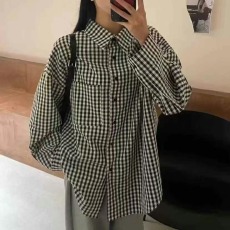 批发韩版夏季简约格子衬衫懒惰风休闲宽松<b class='q'>防晒</b>衣女时尚百搭外套女衬衣