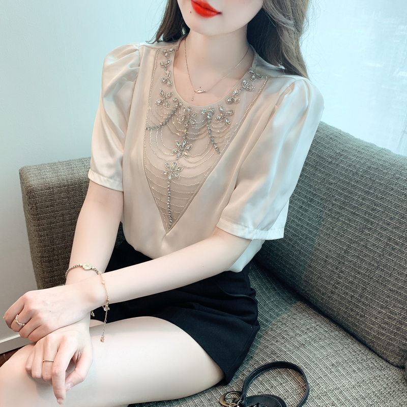 FA16264# 夏新款上衣女简约时尚设计带钻重工纯色衬衫缎面气质小衫 服裝批發女裝批發服飾貨源