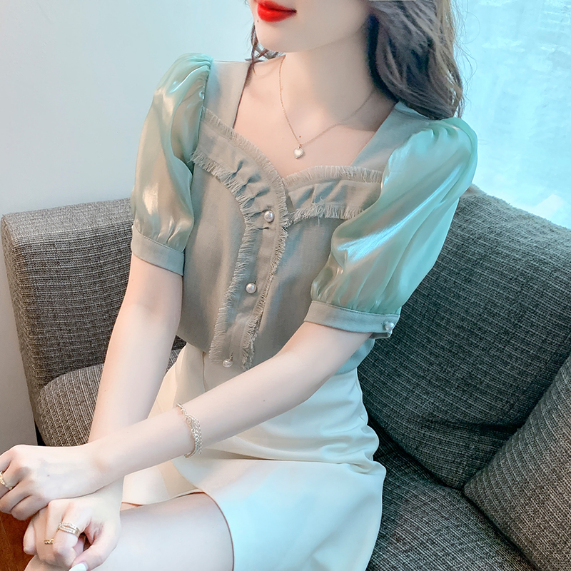 FA16265# 方领泡泡袖衬衣女夏季新款高级感短袖小香风上衣 服裝批發女裝批發服飾貨源
