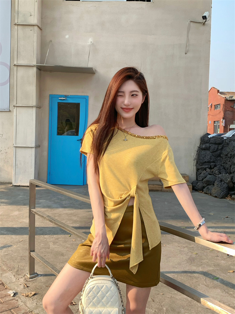 실사 정가 여름 새로운 스팽글 불규칙 레이스업 반팔 티셔츠 여성 반 스커트 세트