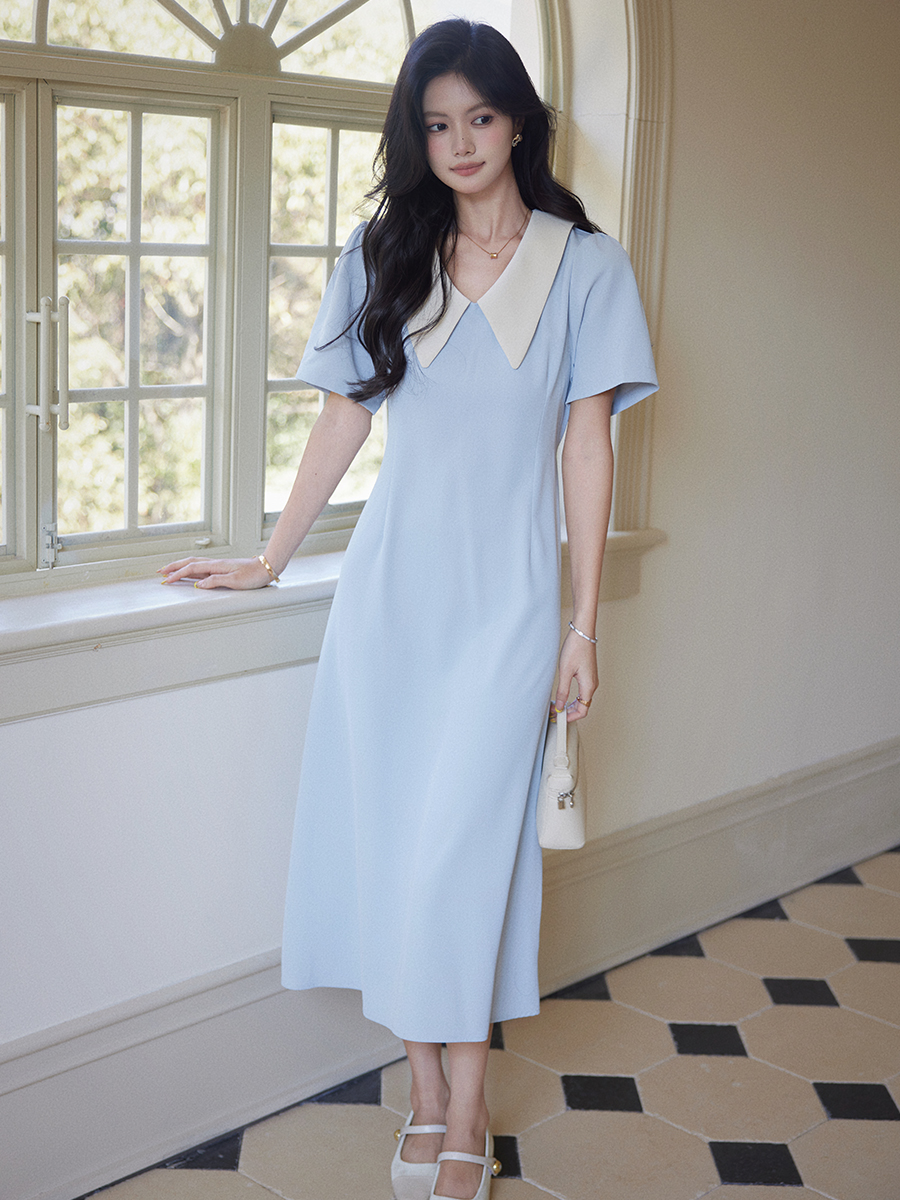 RY441# 实拍 娃娃领撞色短袖连衣裙女夏季气质高腰显瘦垂坠系带a字长裙