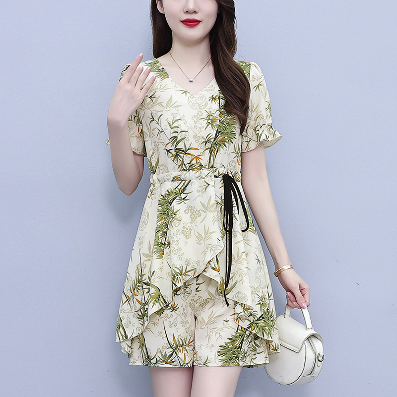 RY1547# 时尚套装2026夏季韩版印花显瘦气质宽松遮肚洋气上衣＋短裤两件套