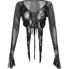 批发拽姐炸街长袖蕾丝网纱拼接透视性感系带不规则上衣自家工厂