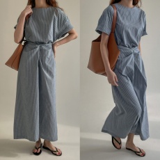 批发已出货 韩国<b class='q'>东大门</b>法式复古条纹小众设计纽结绑带气质长款<b class='q'>连衣裙</b>