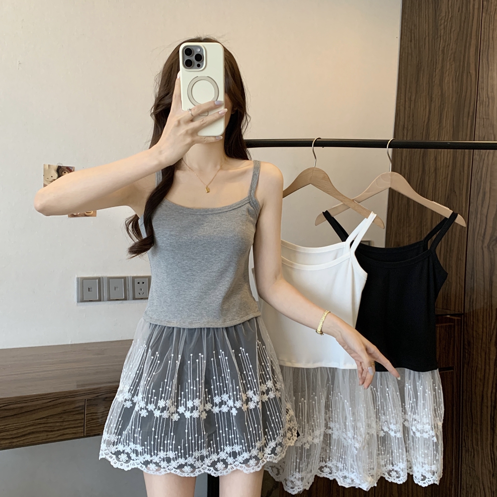 FA24082# 大码女装韩系灰色柔软拼接蕾丝设计感吊带女高级感背心女