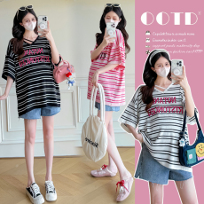 批发实拍2026<b class='q'>孕妇</b><b class='q'>夏装</b>时尚新款短袖冰丝印花T恤条纹宽松显瘦百搭上衣