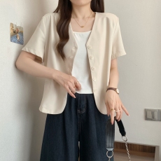 实拍夏装大码女装韩版chic显瘦V领单排扣西服上衣M 4XL200斤