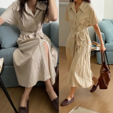 批发有货 韩国<b class='q'>东大门</b>INS复古气质小众褶皱单排暗扣系带衬衫式<b class='q'>连衣裙</b>女