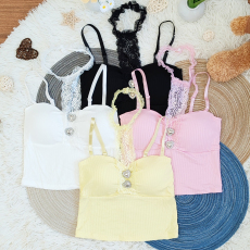 批发<b class='q'>夏</b>季蕾丝抹胸细肩带挂脖一体杯磨毛螺纹吊带显瘦百搭背心打底衫