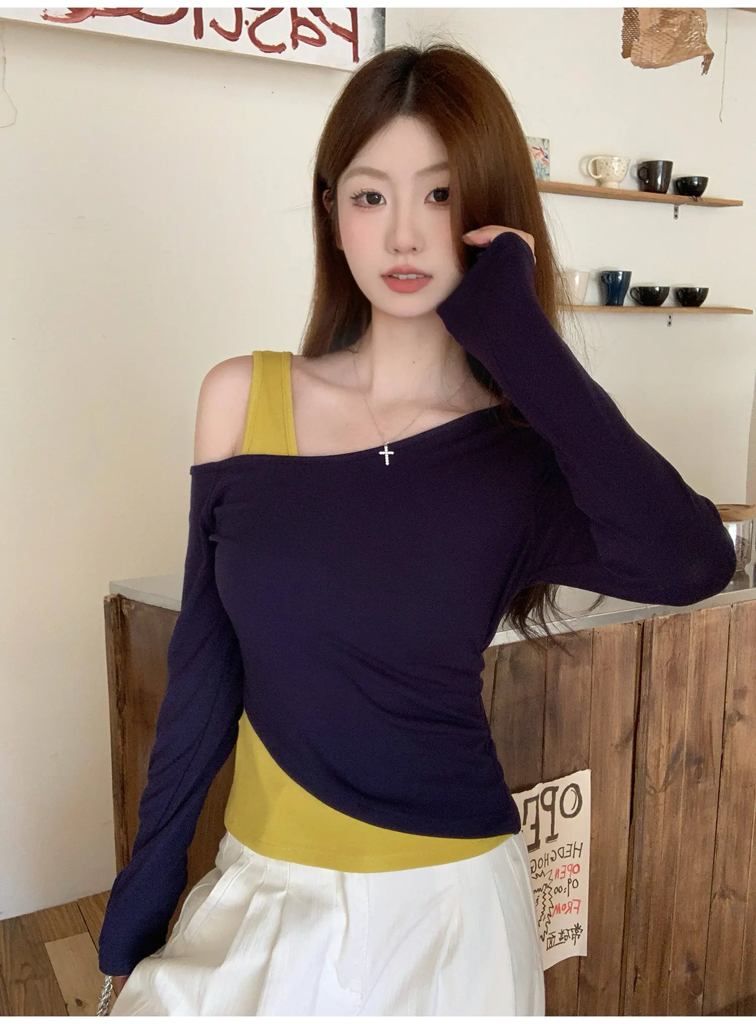 네이비 원숄더 레이어드 긴소매 티셔츠 상세 이미지 7
