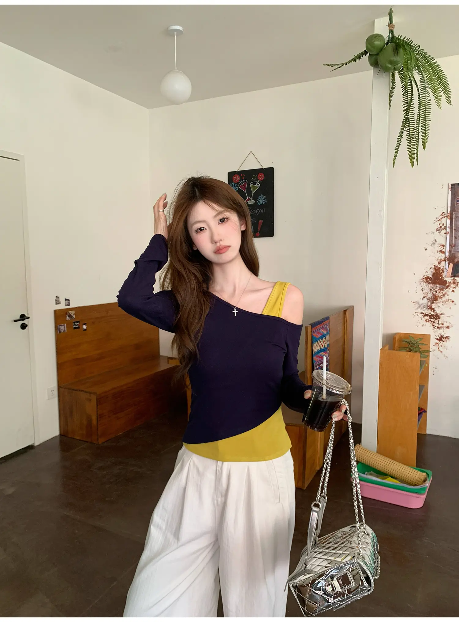 네이비 원숄더 레이어드 긴소매 티셔츠 상세 이미지 8