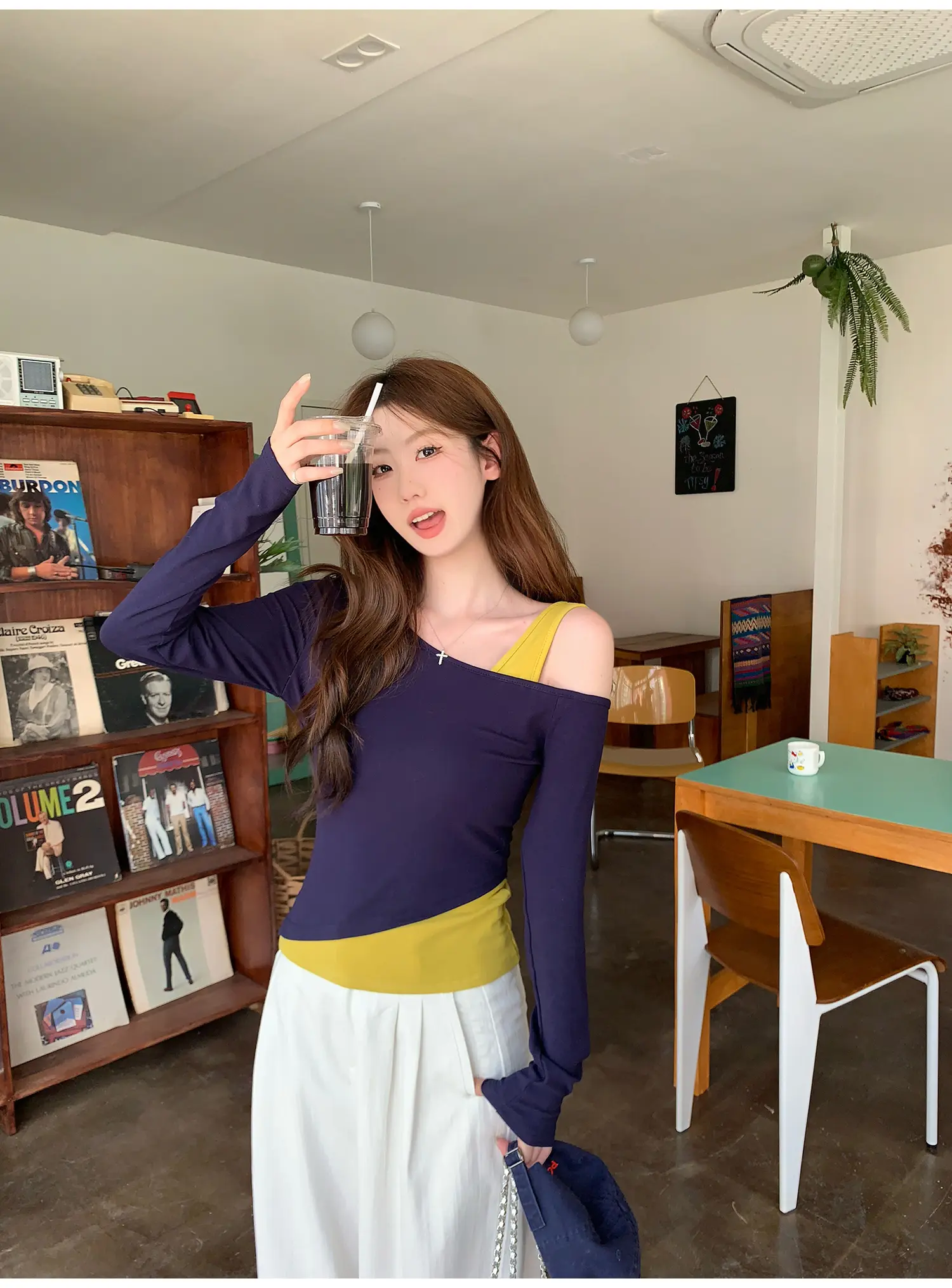 네이비 원숄더 레이어드 긴소매 티셔츠 상세 이미지 9