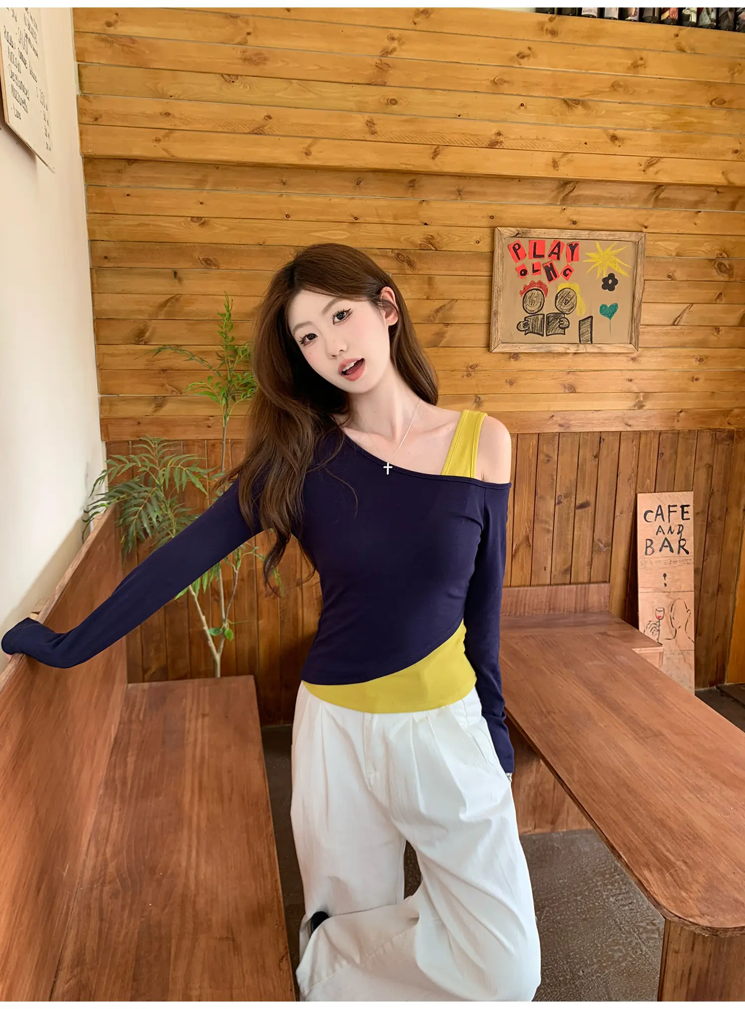 네이비 원숄더 레이어드 긴소매 티셔츠 상세 이미지 11