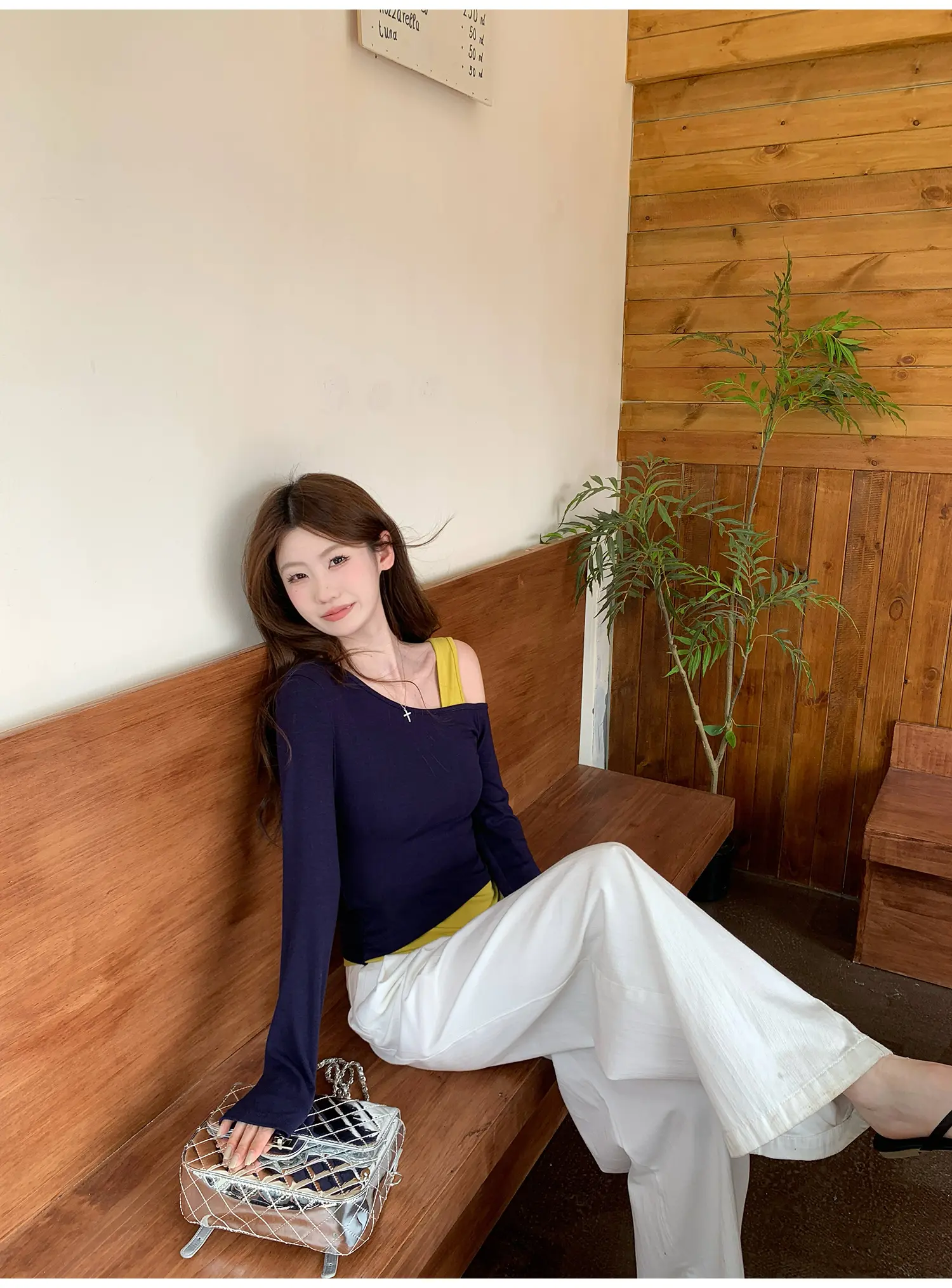 네이비 원숄더 레이어드 긴소매 티셔츠 상세 이미지 12