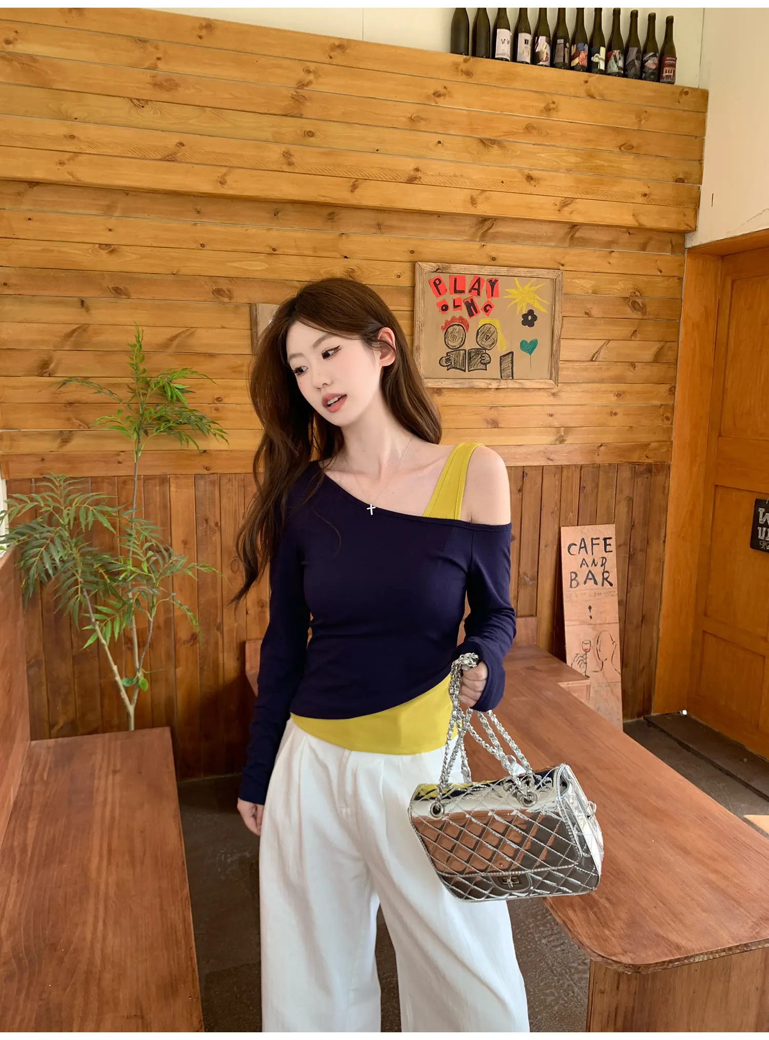 네이비 원숄더 레이어드 긴소매 티셔츠 상세 이미지 14