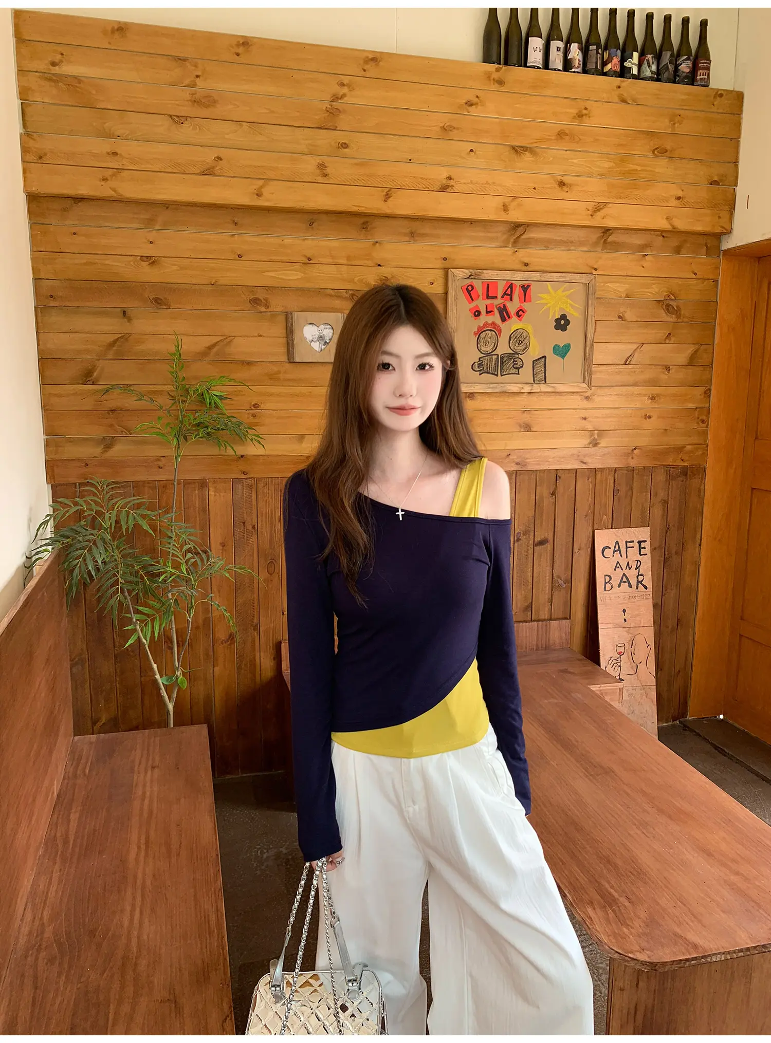 네이비 원숄더 레이어드 긴소매 티셔츠 상세 이미지 15