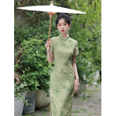 批发绿色竹叶送考少女旗袍新款2026年轻款改良日常穿气质高端长款夏季