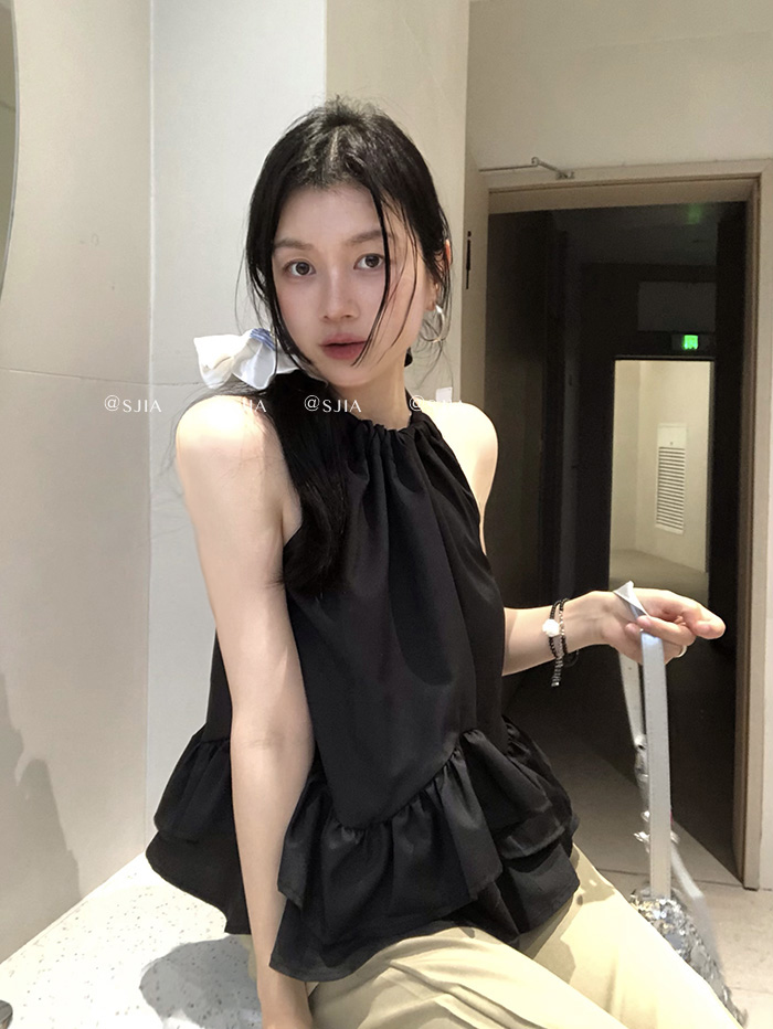 실사 정가 민소매 행침 목 펌프 로프 레이스업 프릴 패치워크 밑단 검정색 셔츠
