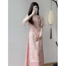 批发春衫新中式改良粉色奥黛旗袍2026春夏新款年轻款少女雪纺日常