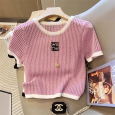批发小香风撞色包边字母刺绣紫色圆领短袖针织衫2025夏季女设计感上衣