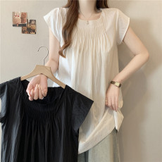 批发实拍大码夏季设计感褶皱<b class='q'>塑</b>形大气文艺中长款修身V领<b class='q'>背心</b>女士衬衣