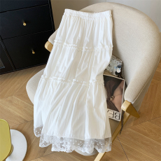批发实拍 <b class='q'>韩国</b>新款A字裙高腰显瘦长裙下摆拼接蕾丝白色半身裙女蛋糕裙