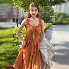 批发原版面料  海边度假<b class='q'>吊带</b>连衣裙女夏季新款法式桔梗收腰沙滩长裙子