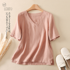 批发实拍图棉麻上衣女夏季新款<b class='q'>衬衫</b>简约V领小衫七分袖<b class='q'>衬衣</b>休闲百搭<b class='q'>T</b>