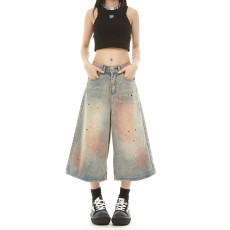 批发网图美式扎染泼墨牛仔短裤街头<b class='q'>韩版</b>夏季宽松休闲直筒阔腿七分牛仔