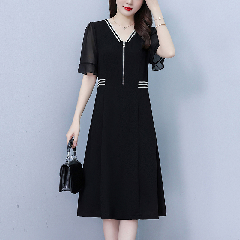 MY6494# 时尚气质连衣裙女夏季新款大码宽松遮肉显瘦妈妈洋气黑色裙子女裝貨源服裝批發