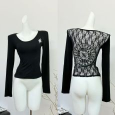 批发人棉260克契约印记黑色蕾丝印花T恤女美式修身圆领长袖上衣
