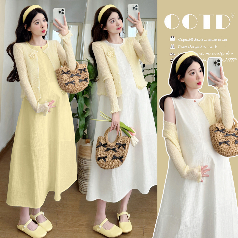 실사 새로운 2025 여름 미니멀리즘 한국 스타일 편안함 조끼 스커트 출산 착용 거위 옐로우 니트 오픈 가디건