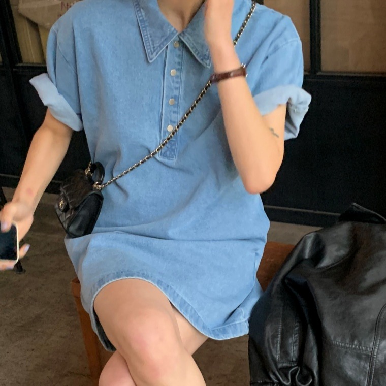 레트로 POLO 칼라 루즈핏 작은 대중 단색 품격 데님 반팔 드레스