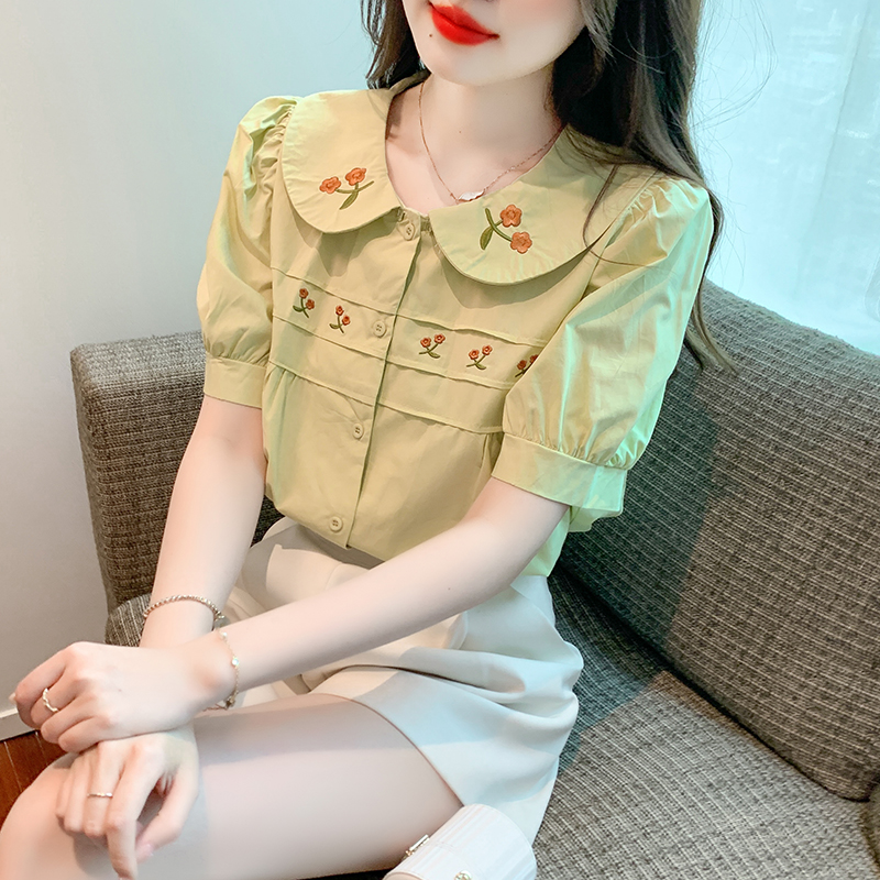 FA16263# 法式洋气短袖娃娃领刺绣显瘦衬衫女温柔气质简约上衣 服裝批發女裝批發服飾貨源