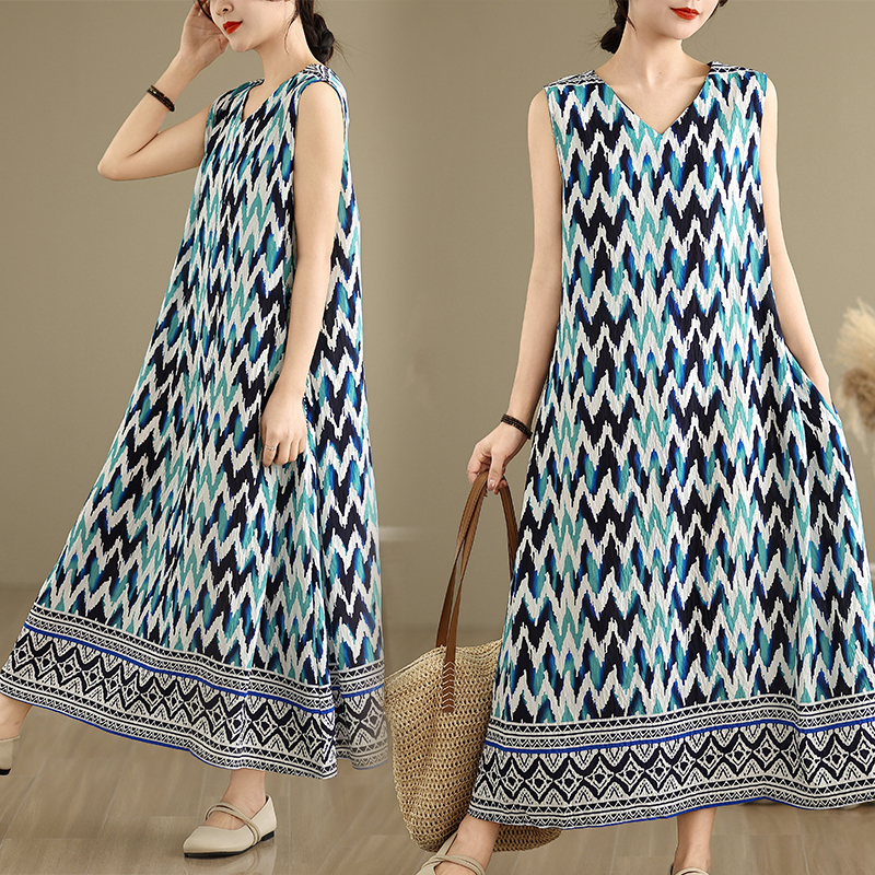 MY5072# 新款胖MM大码简约无袖V领背心式收腰长款连衣裙女裝貨源服裝批發