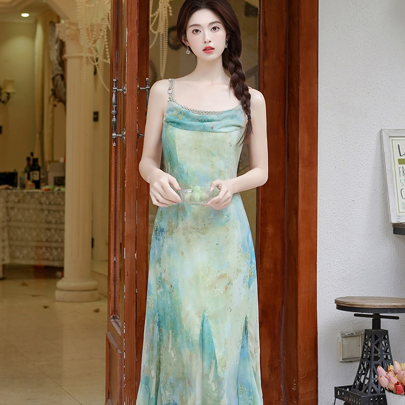 RY2031# 实拍 荡领渐变色鱼尾a字裙法式气质吊带连衣裙上架+40