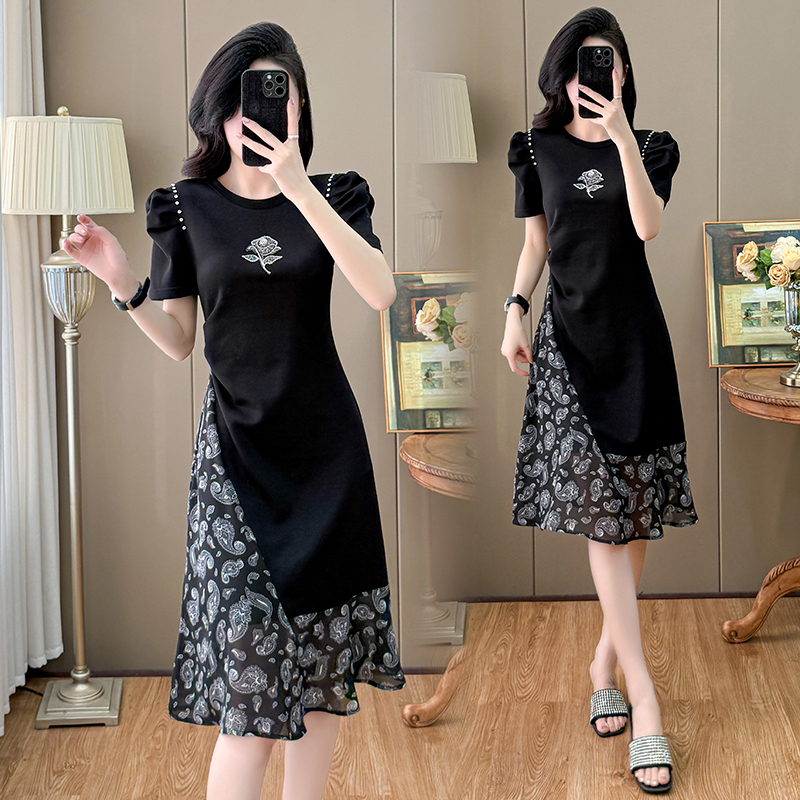 MY6799# 轻奢镶钻假两件连衣裙女夏季新款气质短袖拼接设计感遮肚显瘦长裙女裝貨源服裝批發