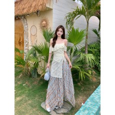 批发实拍 2026夏季<b class='q'>新款</b>胖mm辣妹蕾丝镂空露肩吊带不规则格纹<b class='q'>半身裙</b>