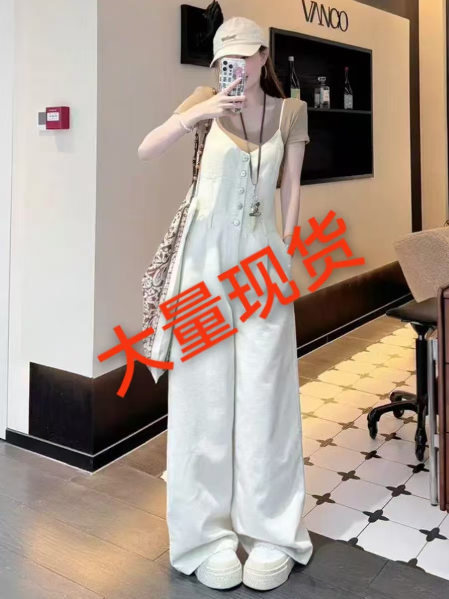 유럽 상품 고급 센스 연령 감소 데님 와이드 레깅스 바지 여름 다용도 캐주얼 레트로 슬립 워크웨어 바닥 청소 올인원 바지