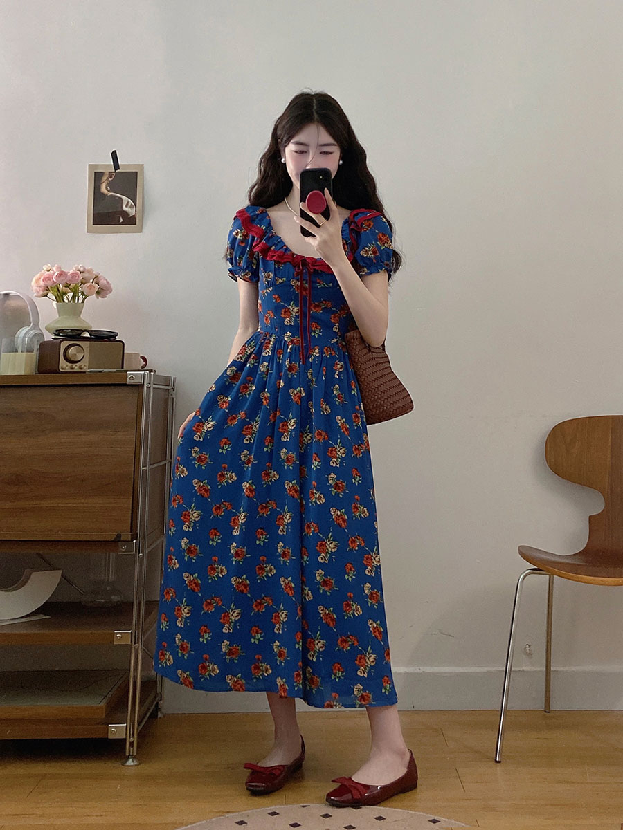 MY4993# 大码女装法式复古收腰碎花连衣裙女胖MM新款藏肉显瘦长裙女裝貨源服裝批發