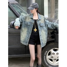 批发美式复古重工镶钻牛仔外套女春秋季高级感宽松慵懒风休闲夹克上衣