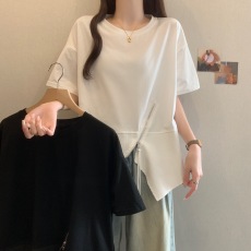 批发大码遮肚子不规则斜拉链短袖t恤女夏季胖妹妹宽松显瘦设计感上衣