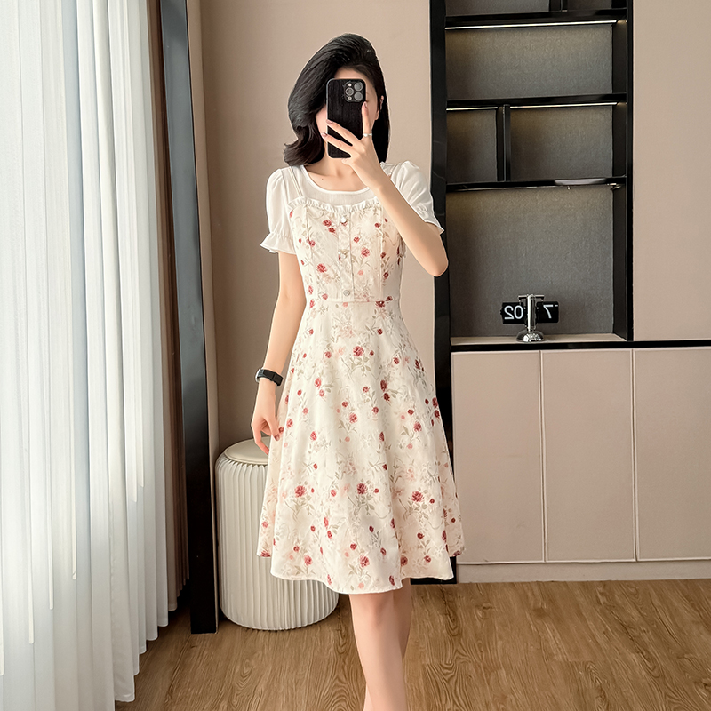 MY7779# 假两件纯欲风法式度假碎花短袖收腰连衣裙新款女夏季中长裙女裝...