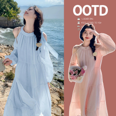 批发实拍大量露肩连衣裙夏新款法式度假风甜美雪纺中长款孕妇裙子