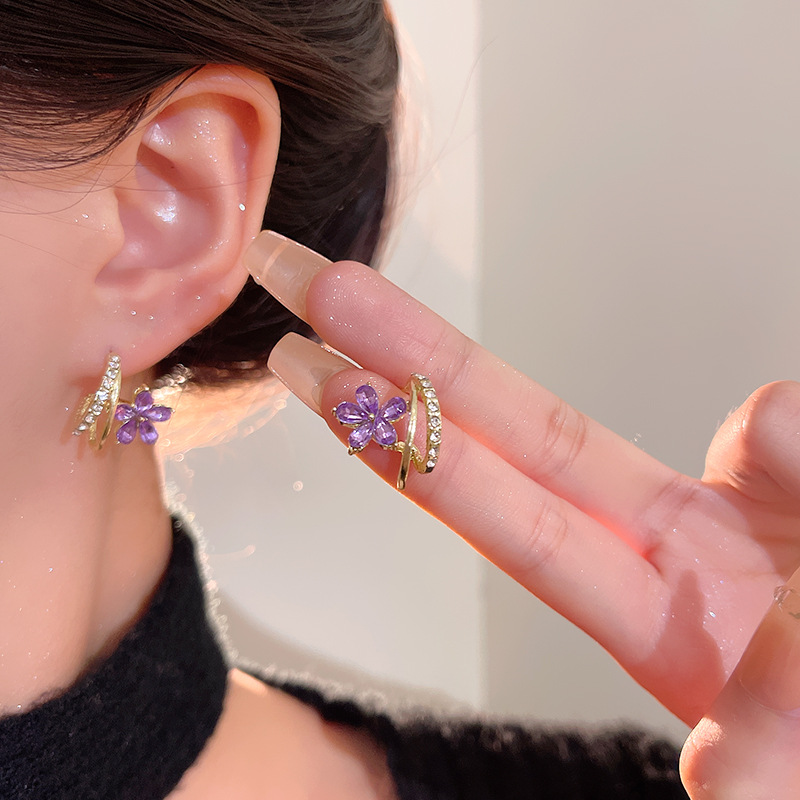 CX13358# 最便宜饰品批发  小众高级感紫色锆石花朵耳环女ins潮百搭气质网红同款耳钉耳饰品