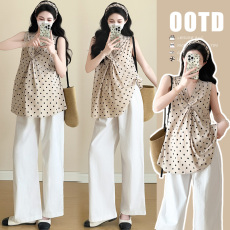 批发实拍现 孕妇装夏季新款<b class='q'>圆点</b>扭结背心上衣套装 时尚减龄宽松套装