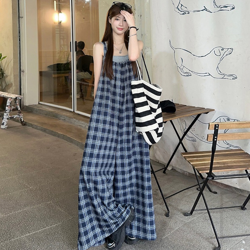 FA24085# 夏装新款大码女装慵懒风格子背带裤薄款连体阔腿裤M-5XL200斤