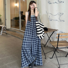 批发夏装新款<b class='q'>大码</b>女装慵懒风格子背带裤薄款连体阔腿裤M-5XL200斤