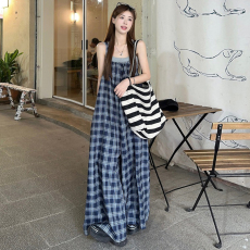 批发夏装新款大码女装慵懒风格子背带裤薄款<b class='q'>连体</b>阔腿裤